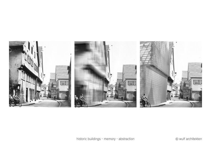 Triptych showing progression from historic street photograph through blur to an abstract angular facade intervention