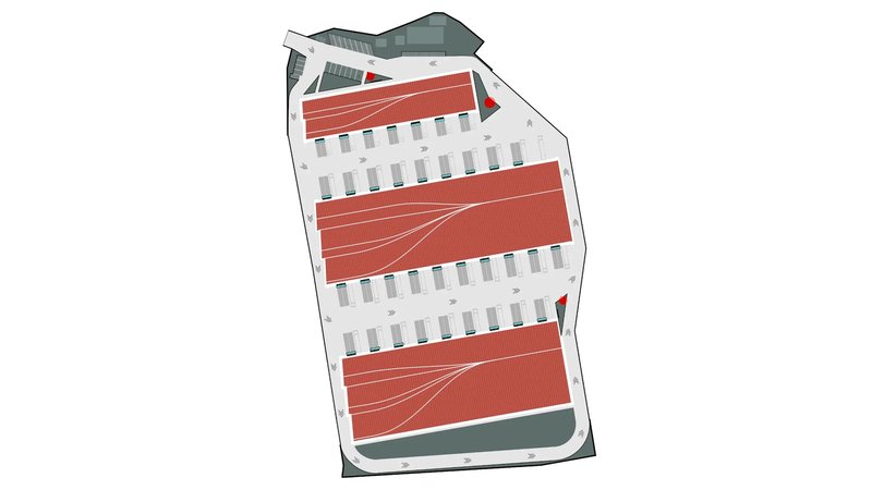 Site plan drawing showing alternating red and white striped zones with parking and landscaped areas