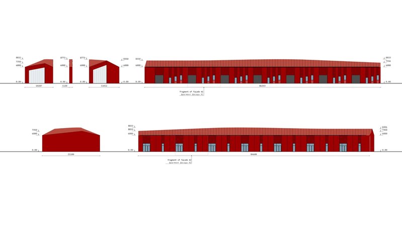 Elevation drawings showing long red facade with sawtooth roof profile and regularly spaced openings