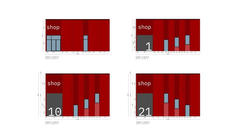 Elevation studies showing four facade variations with red metal cladding and different window configurations for shop units