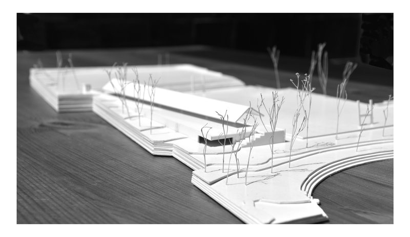 Physical model showing horizontal building volume with wire trees on tiered landscape platforms