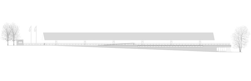 Elevation drawing showing an elongated low-rise structure with horizontal banding and flanking bare trees