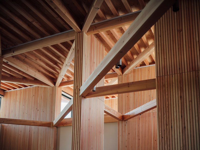 Upward view of intersecting timber beams and vertical slatted partitions beneath the exposed structural roof framing