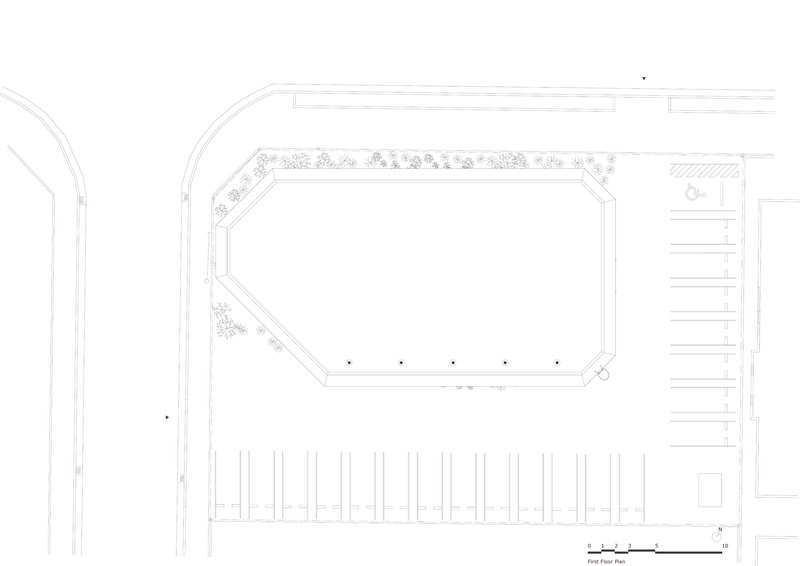 First floor plan drawing showing an octagonal pool surrounded by planted beds and parking below