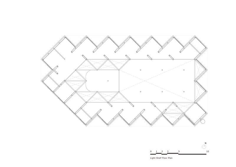 Light shelf floor plan drawing showing structural bracing and sawtooth edges around an open volume
