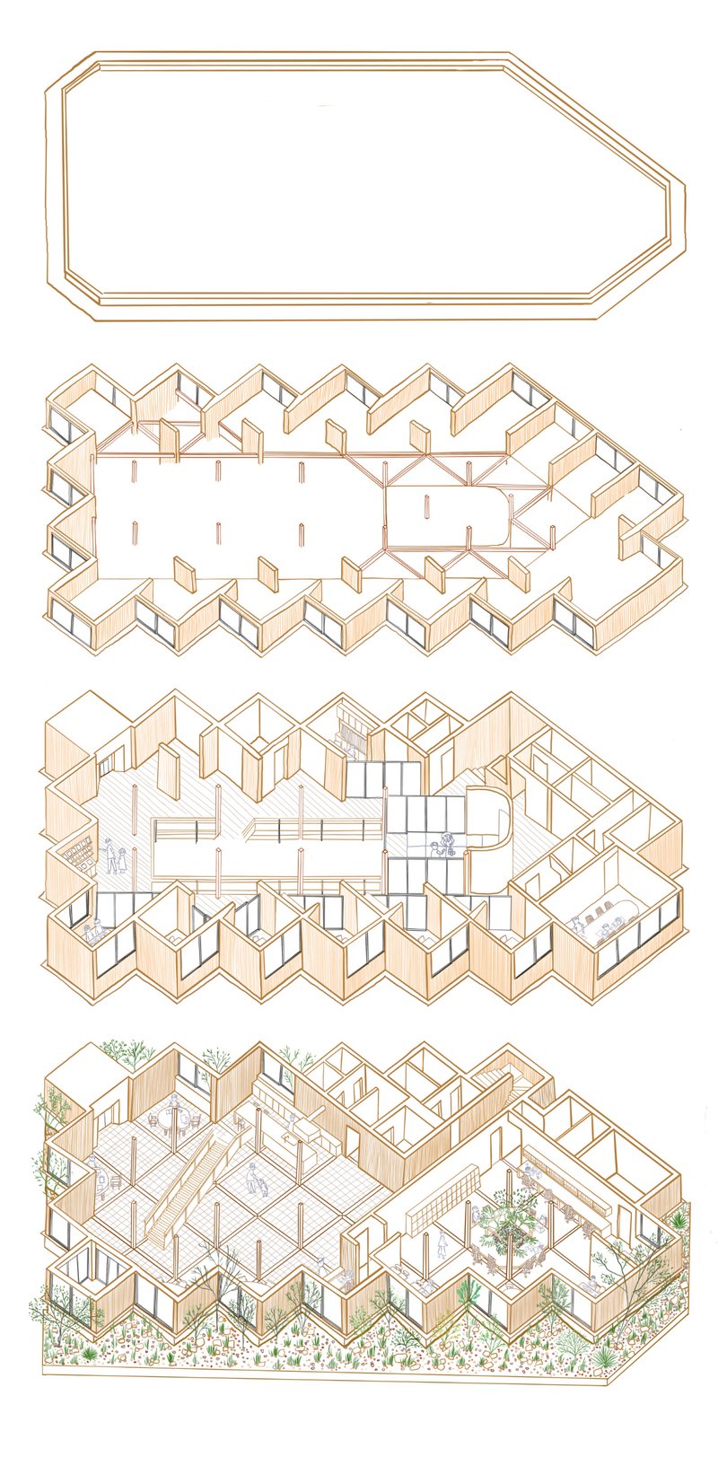 Axonometric drawing stacking four levels from roof outline to furnished floor with courtyard planting