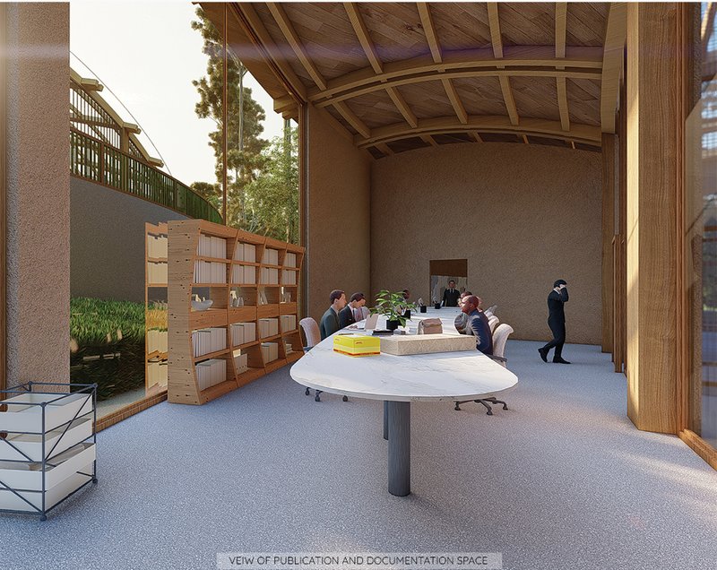 Documentation and research space integrating work environments with views towards the natural reserve