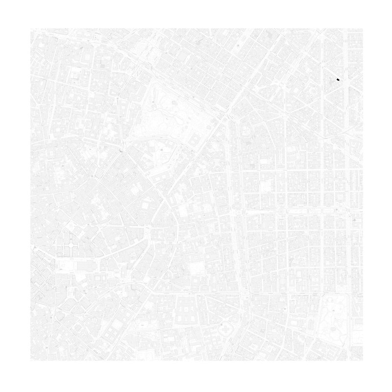 Site plan drawing showing the building footprint within the surrounding urban street grid