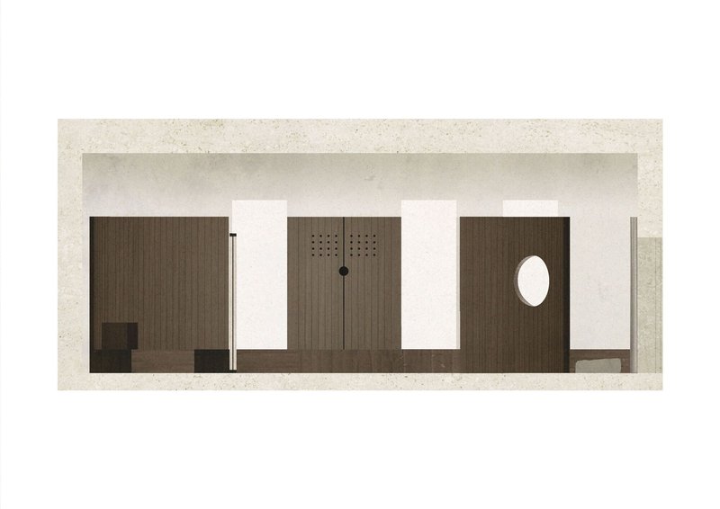 Longitudinal section drawing revealing timber-clad interior volumes with perforated panels and circular openings