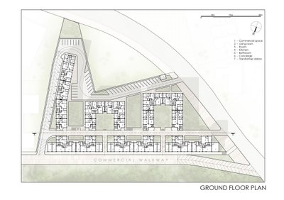 This architectural image presents a ground floor plan of a mixed-use development, featuring resident