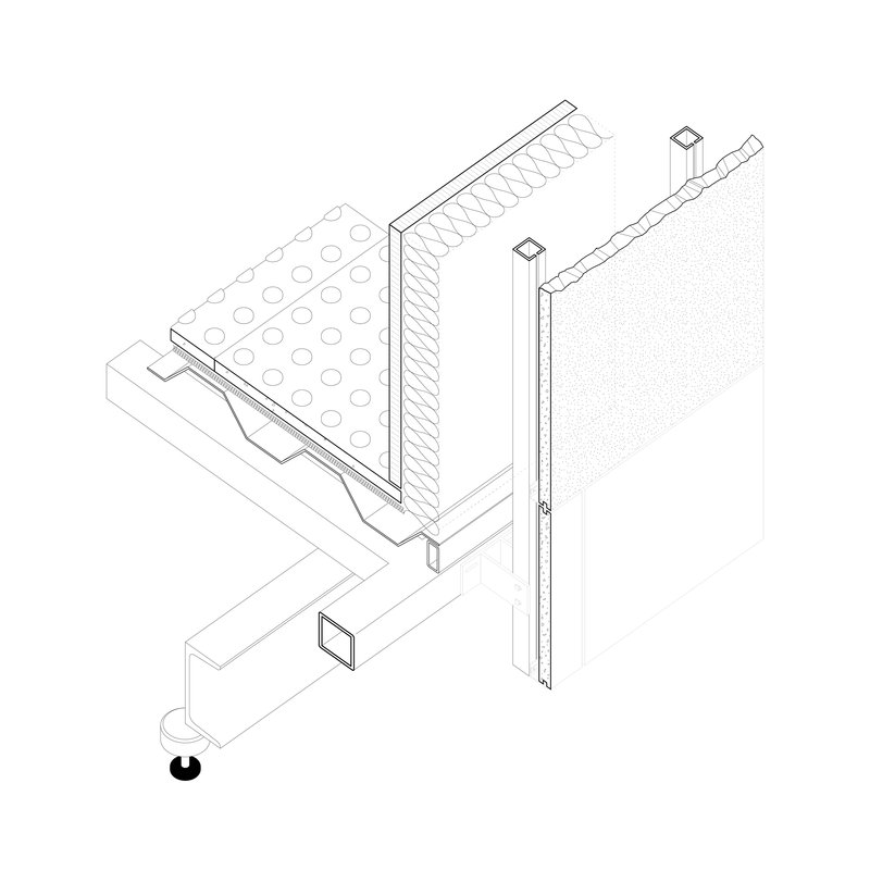 Isometric drawing showing panel assembly with perforated surface, structural frame, and suspended globe fixture