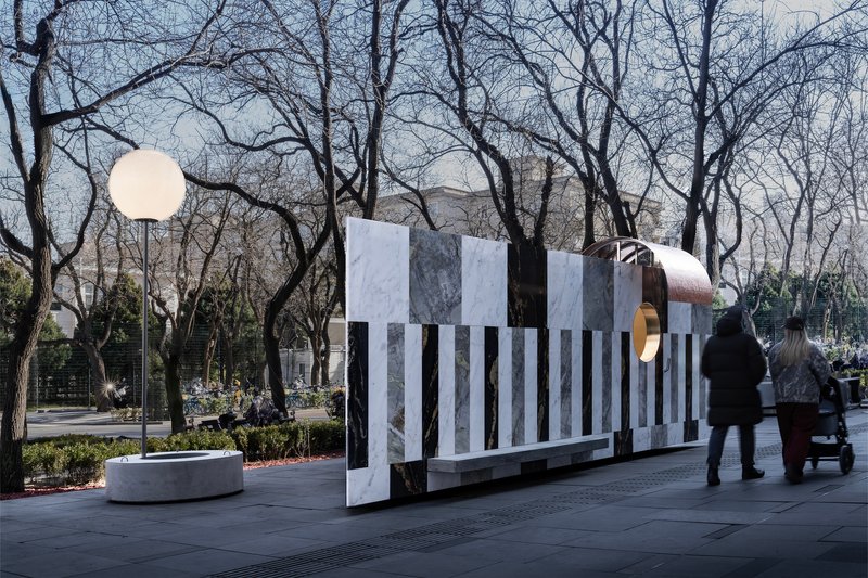 Side elevation of the installation showing the repetitive marble slat rhythm as visitors walk past with a stroller