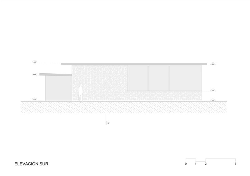 South elevation drawing depicting offset roof planes with textured wall sections and glazed openings