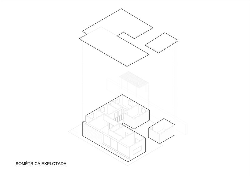 Exploded isometric drawing revealing the roof and interior spatial layout across interconnected volumes