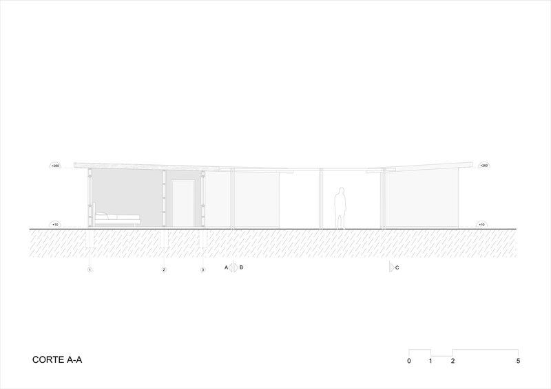 Section drawing showing a linear single-story structure with flat roof and glazed openings