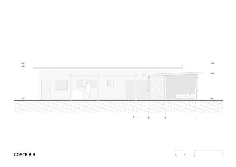 Section drawing revealing interior room divisions with perforated screen wall and varied ceiling heights