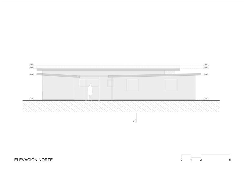 North elevation drawing showing layered roof planes and recessed central entrance