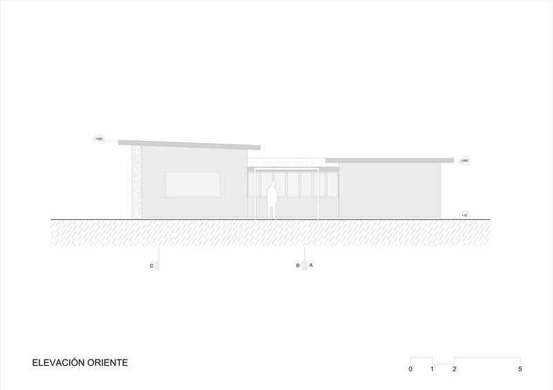 East elevation drawing depicting offset roof volumes with vertical slatted screen element