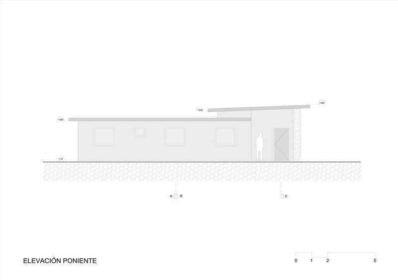 West elevation drawing showing the stepped roof volumes with clerestory windows and a human figure for scale