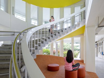 YARCH and ATELIERII Turn a Taipei School Foyer into a Cork-Terrazzo Learning Landscape