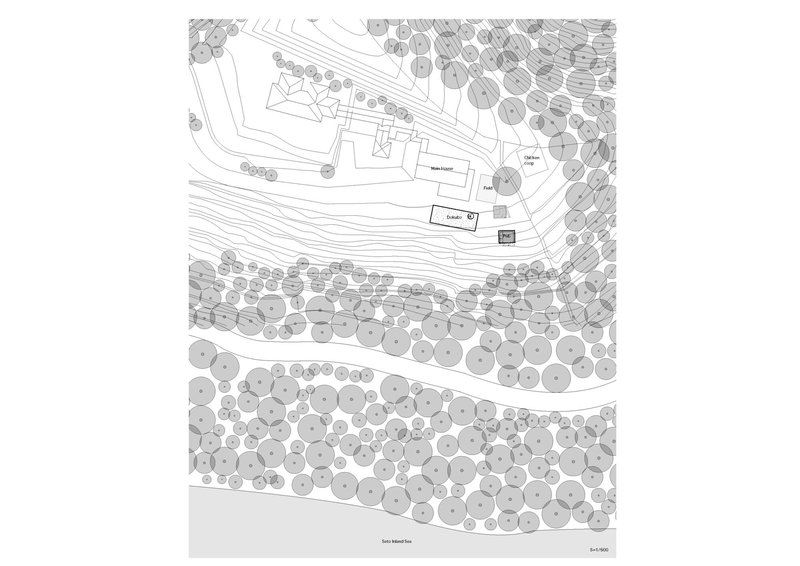 Site plan drawing showing several buildings among contour lines and dense tree canopy along a sloping landscape