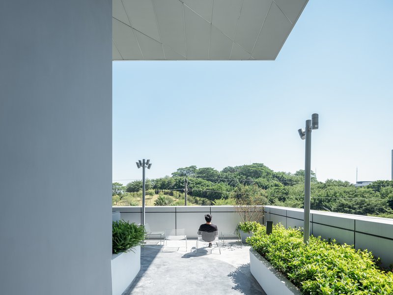 Rooftop terrace framed by projecting slabs with seated figure among planted beds under clear sky