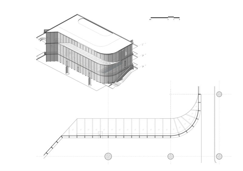 Axonometric drawing and plan view of a curved elevated walkway connecting to a glazed structure