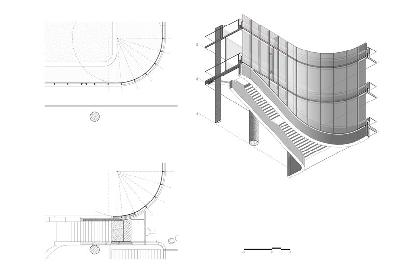 Axonometric drawing showing a curved staircase connecting multiple floors with glazed facade panels