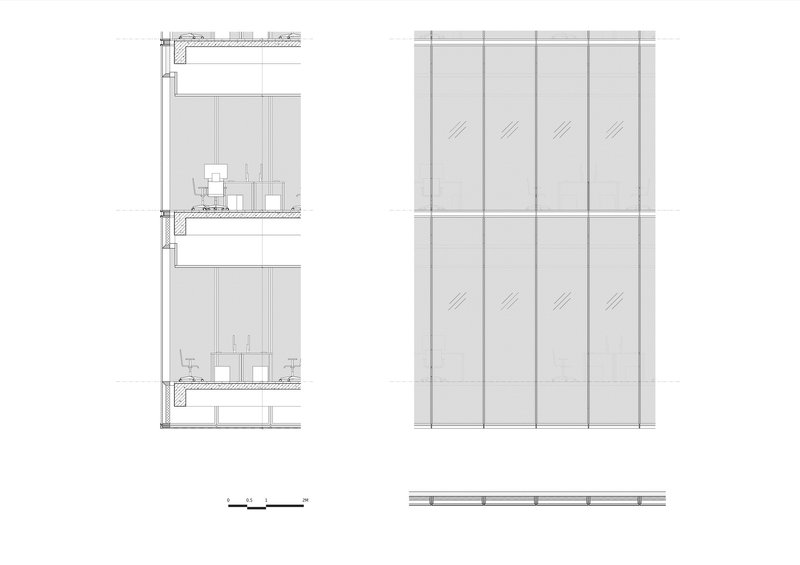 Section drawing and elevation showing two stacked floors with interior furnishings and vertical glass panels