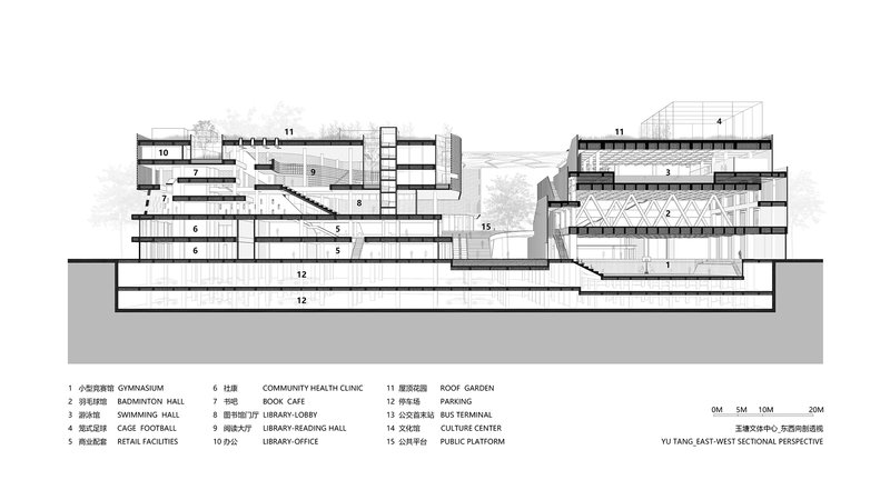 East-west sectional drawing revealing multi-level interior spaces with diagonal circulation paths and underground parking levels