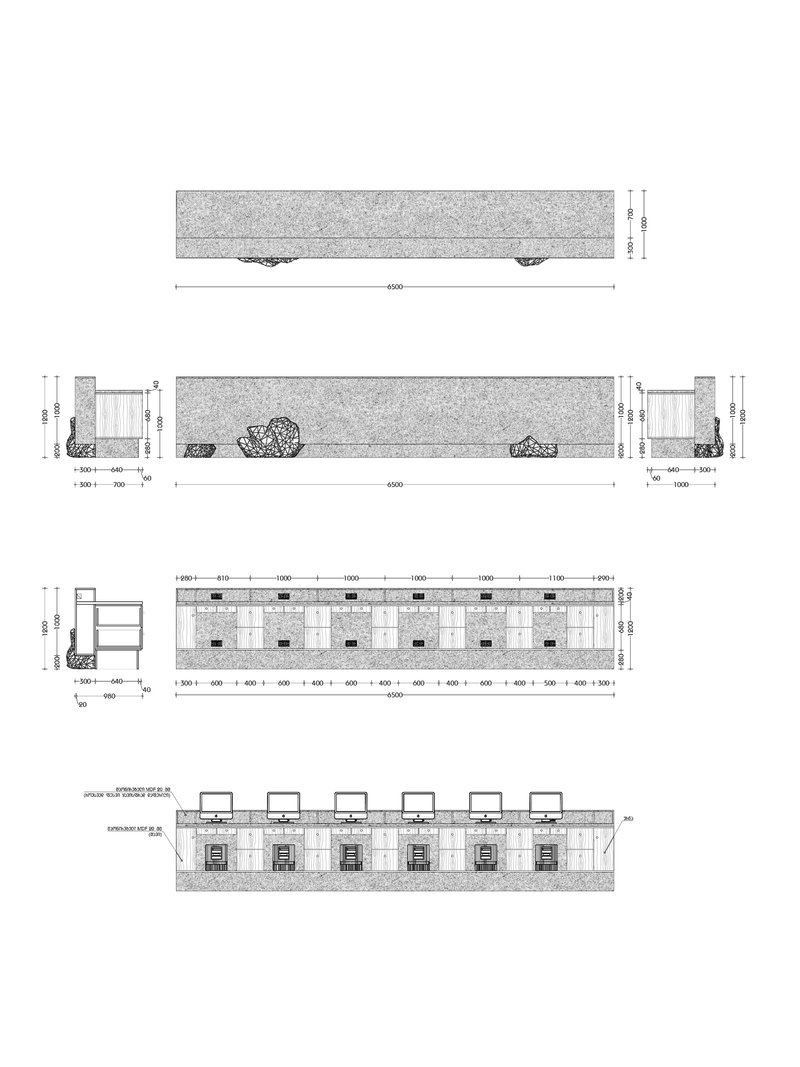 Elevation and section drawings detailing a long linear volume with repeating structural bays and dimension annotations