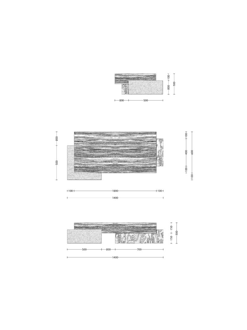 Section drawings detailing layered wall construction with horizontal timber and insulation layers
