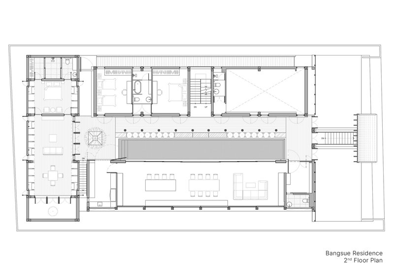 Second floor plan drawing showing bedrooms along one side and open living spaces overlooking the pool below