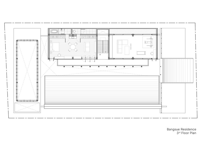 Third floor plan drawing showing living areas and terrace with pool deck occupying the lower portion