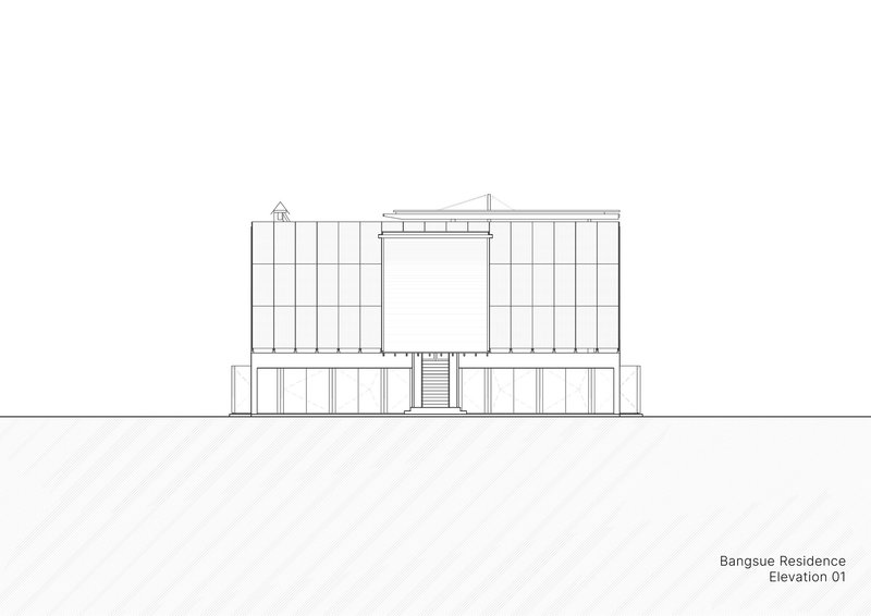Elevation drawing showing a three-story volume with vertical paneling and a central staircase projection