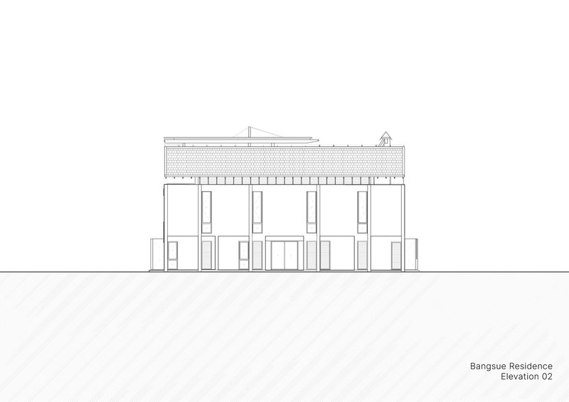 Elevation drawing showing a two-story volume with tall vertical windows and a textured flat roof