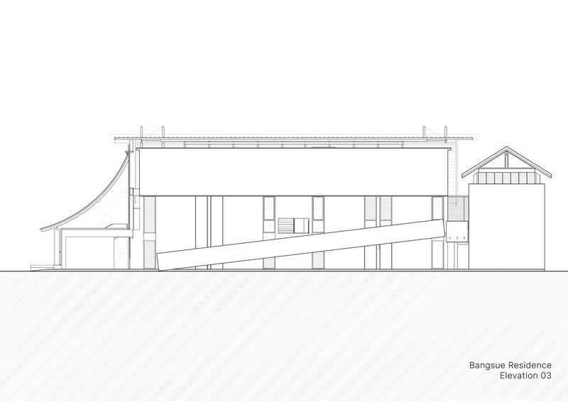 Elevation drawing revealing a curved roof element connecting to a gabled pavilion at right