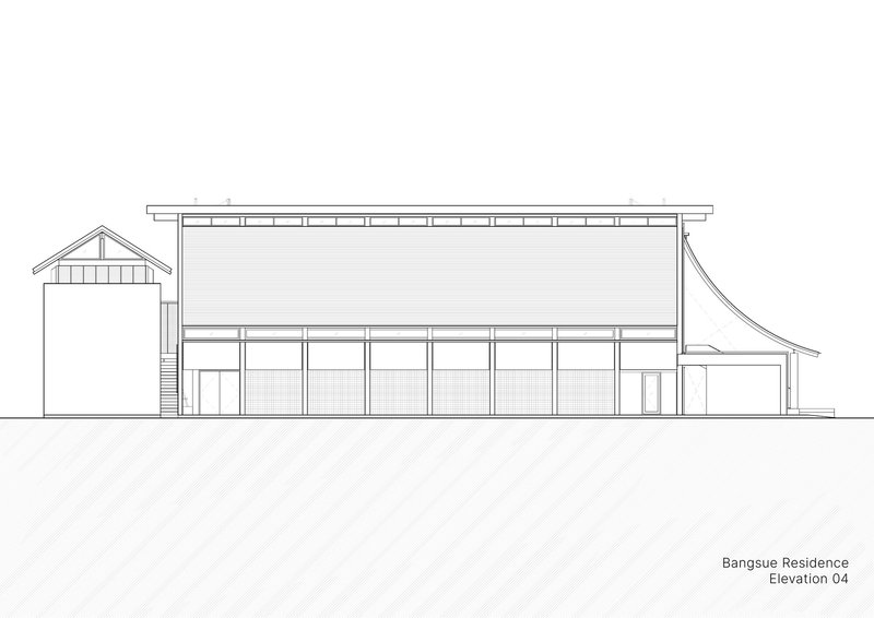 Elevation drawing displaying a horizontal slatted facade with a gabled structure at left and sweeping roof at right