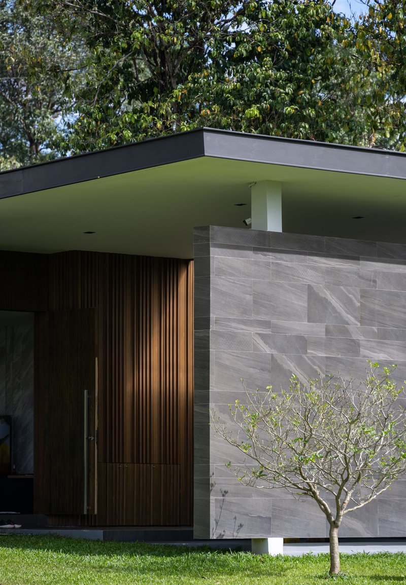 Entry corner with vertical timber screen, grey stone wall, and olive-green soffit beside a young tree