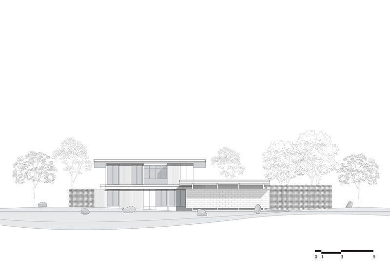 Street elevation drawing of a two-storey residence with horizontal volumes among mature trees