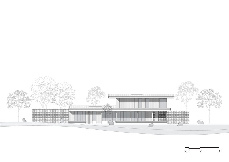 Side elevation drawing showing the layered horizontal volumes with perforated screens and landscaping