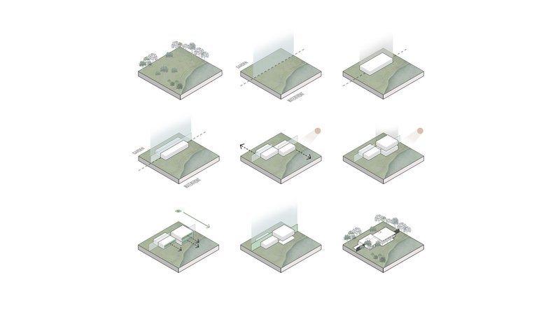 Axonometric diagram series illustrating the volumetric massing development across nine sequential steps