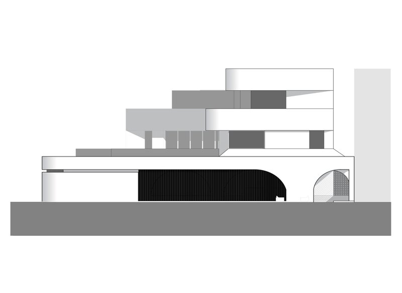 Elevation drawing showing a curved vertical louver screen and stacked volumes above ground level