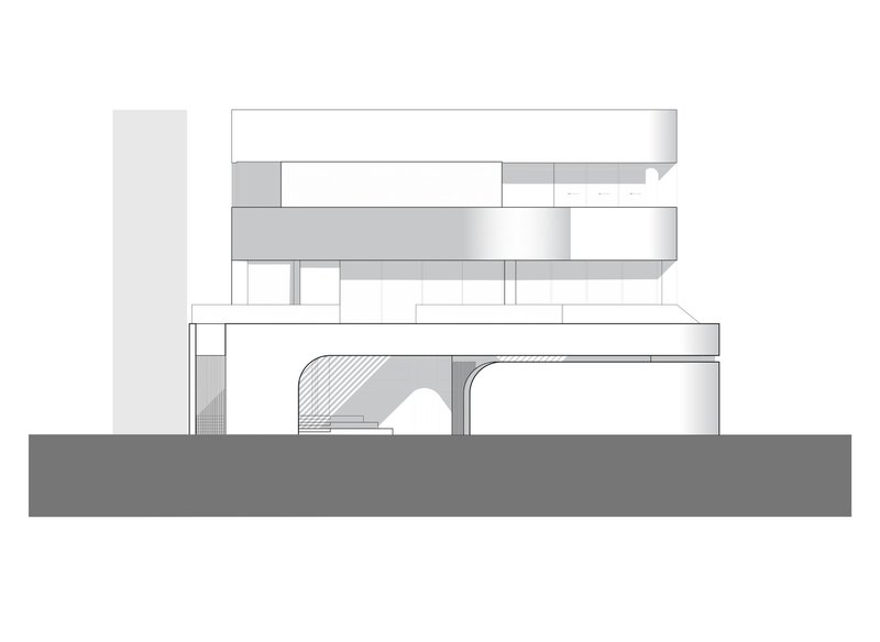Section drawing revealing stacked floor plates with a curved interior staircase and columns below