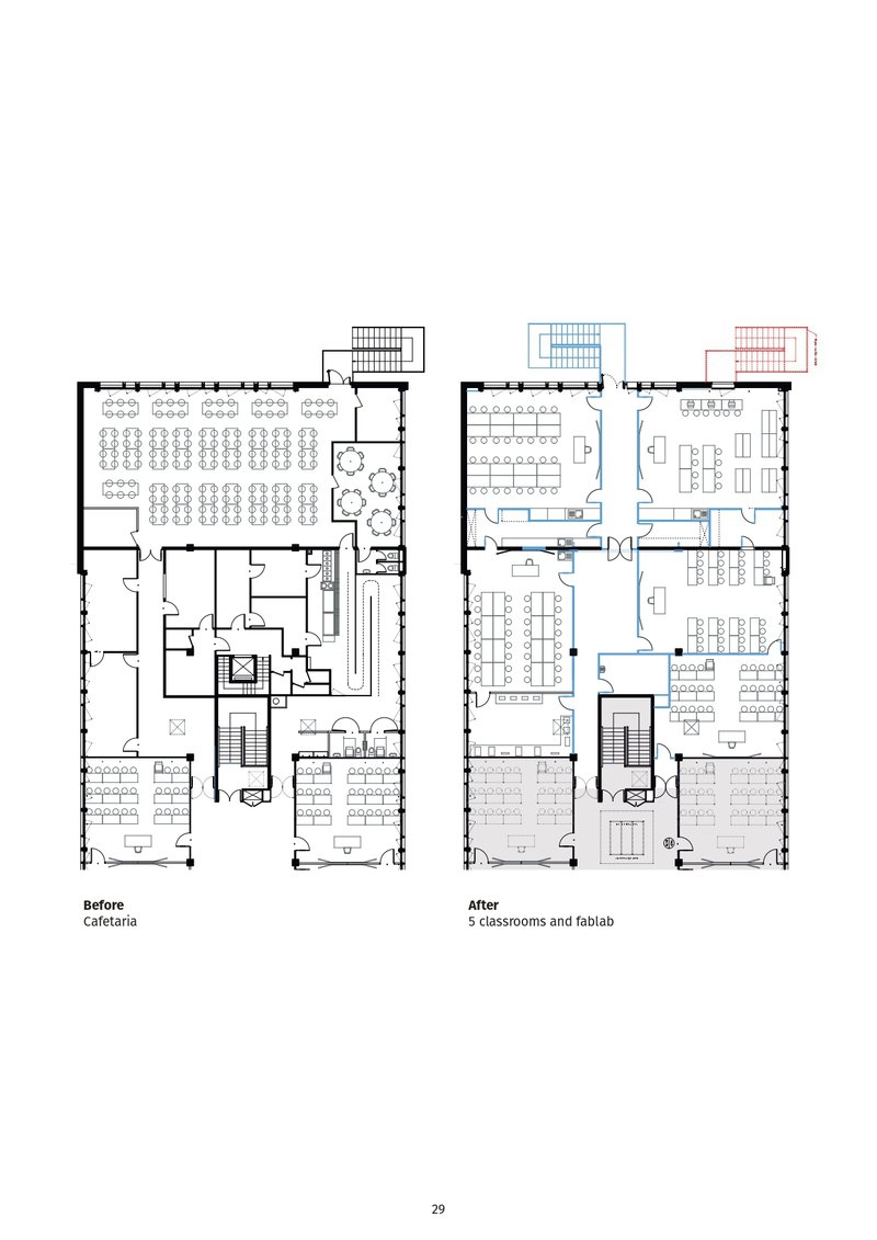 Floor plan comparison drawing showing cafeteria layout on left and classrooms with fablab on right