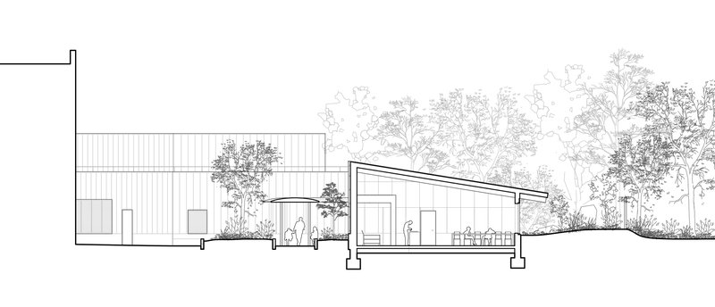 Section drawing revealing sloped rooflines with dining space under glazing and trees in background