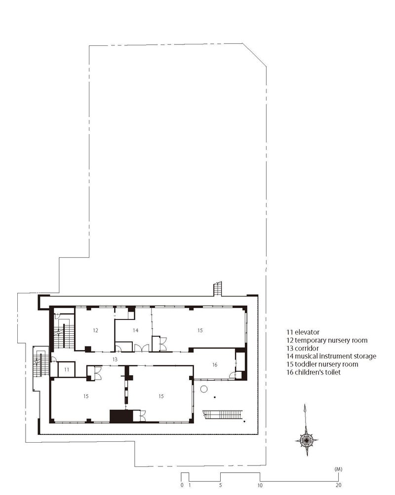 Second floor plan drawing showing nursery rooms, corridor and storage spaces around central elevator core