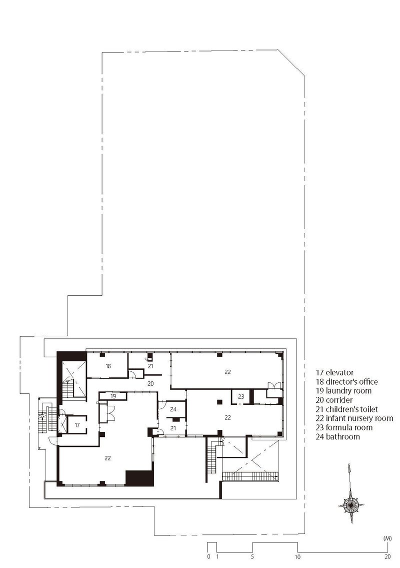 Third floor plan drawing showing office, classroom and nursery spaces with elevator and stairwell access
