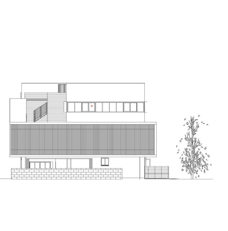 Elevation drawing showing a three-level residence with horizontal slatted cladding and a tree to the right