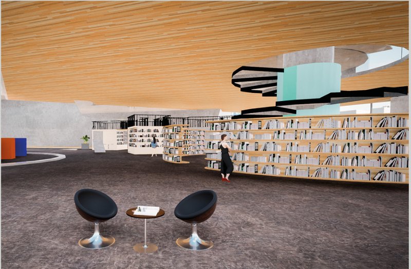 Library interior designed as a fluid, immersive knowledge space with continuous shelving and sculptural circulation.